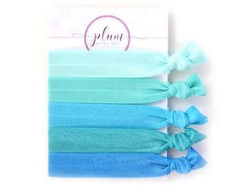 Aqua Ombre Hair Tie Bracelet, Elastic Hair Ties, Blue Hair Elastics for Women, Stocking Stuffers for Teen Girls, Set of 5