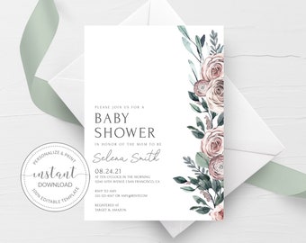 May include: A white baby shower invitation with a floral design in shades of pink and green. The text reads "Please join us for a baby shower in honor of the mom to be Selena Smith 08.24.21 at ten o'clock in the morning 12345 10th Avenue | San Francisco, CA RSVP to Amy 555-123-4567 or amy@rsvpcom Registered at Target & Amazon"