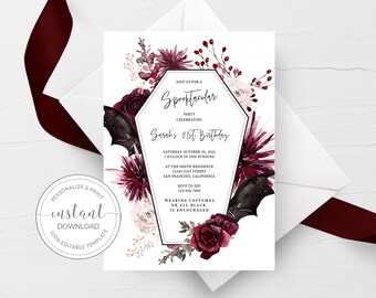 May include: A Spooktacular party invitation with a black and white coffin design, red and white flowers, and bats. The invitation is for Sarah's 21st birthday and is set for October 29th, 2022 at 7:00 PM. The address is 12345 215th Street, San Francisco, California. RSVP to Jen at 123-456-7890. Wearing costumes or all black is encouraged.
