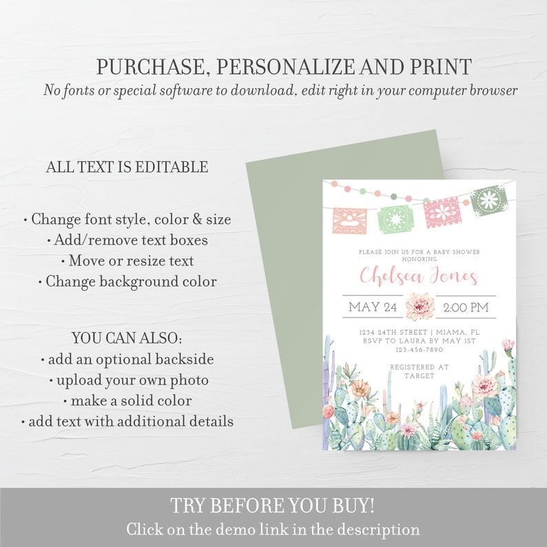 Fiesta Baby Shower Invitation Template, Printable Cactus Baby Shower Invitation Instant Download, Mexican Baby Shower, DIGITAL CS100 image 3