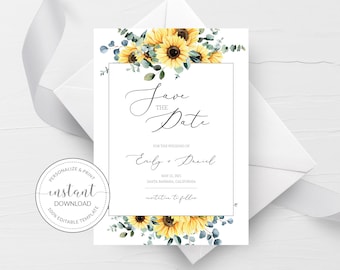 Sunflower Save The Date Card, Editable Save The Date Template, Printable Wedding Announcement, Sunflower Wedding Stationary, 5x7 - S100