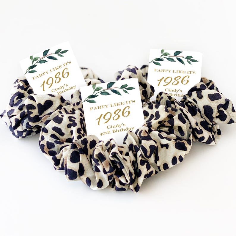 40th Birthday Party Favors, Leopard Print Hair Scrunchies, 40th Birthday Favors for Women, Birthday Supplies, 40 Years, Party Like Its 1986 image 1