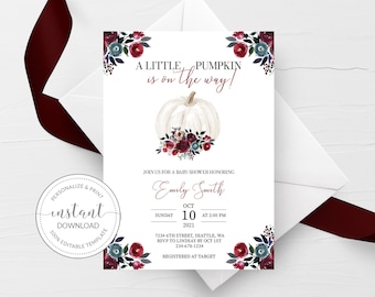 Pumpkin Baby Shower Invitation Template, Fall Baby Shower Invitation Printable, A Little Pumpkin Is On The Way Invite INSTANT DOWNLOAD BB100