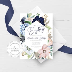 80th Birthday Invitation For Women, Printable 80th Birthday Party Invitation, Navy Blush Floral 80th Birthday Invite, INSTANT DOWNLOAD MB100 image 1