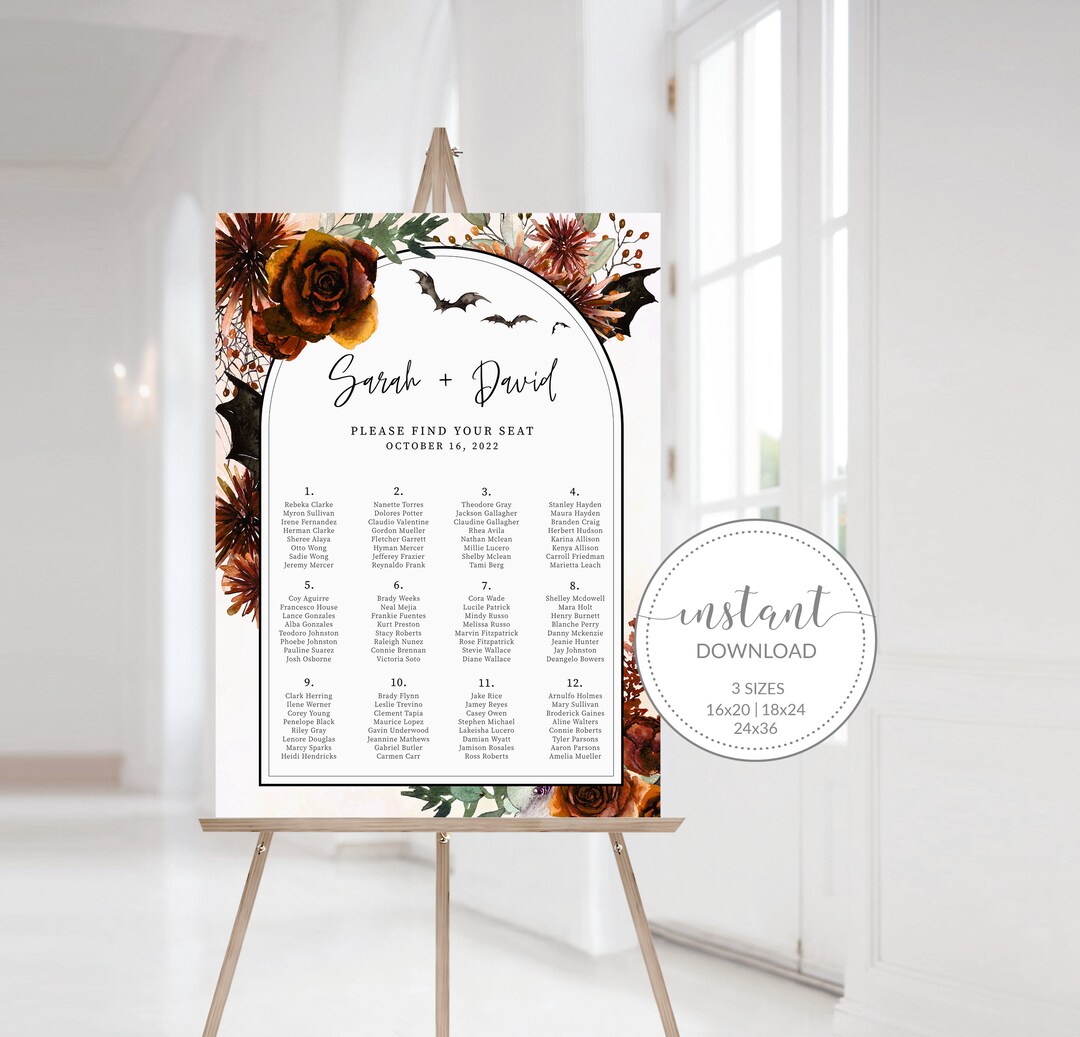 Halloween Wedding Seating Chart Poster Template, Alphabetical Wedding ...