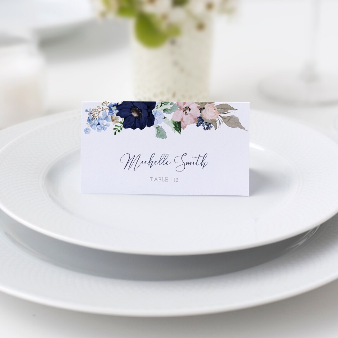 Place Card Template, Navy and Blush Wedding Name Cards, Floral Wedding ...