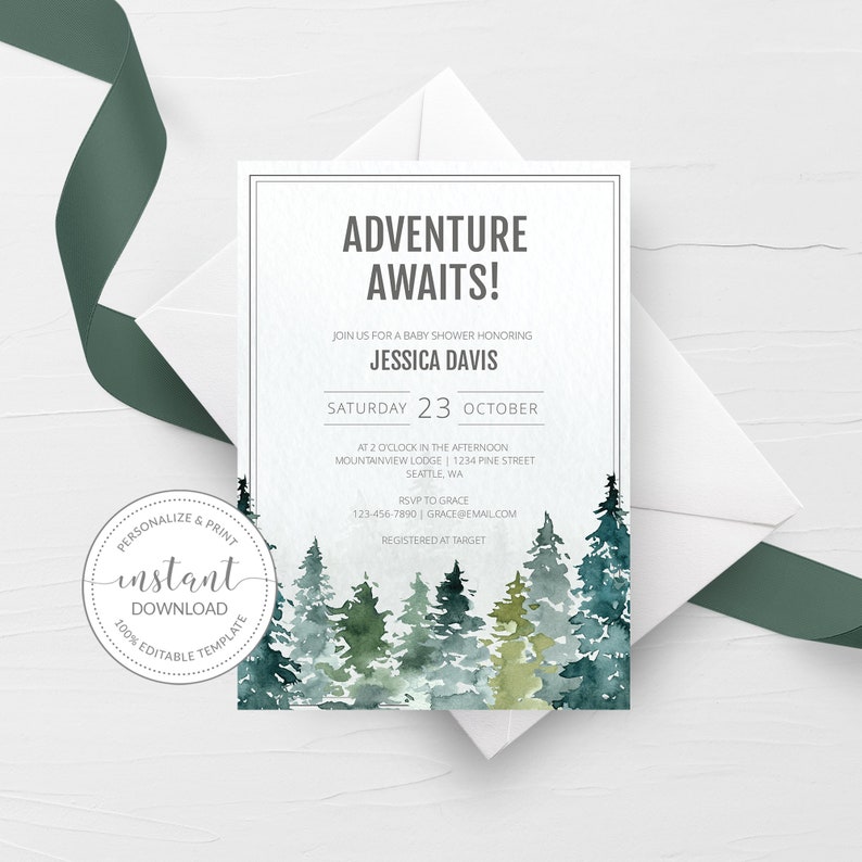 Adventure Awaits Baby Shower Invitation Template Printable Adventure Awaits Shower Invite Forest Baby Shower Boy DIGITAL