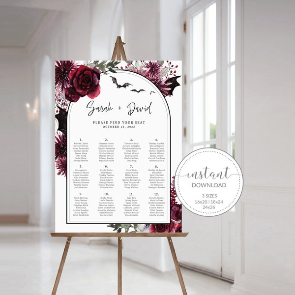 Gothic Wedding Seating Chart Poster Template, Alphabetical Wedding Seating Chart Board, Halloween Wedding Reception Seating Chart Sign, H100