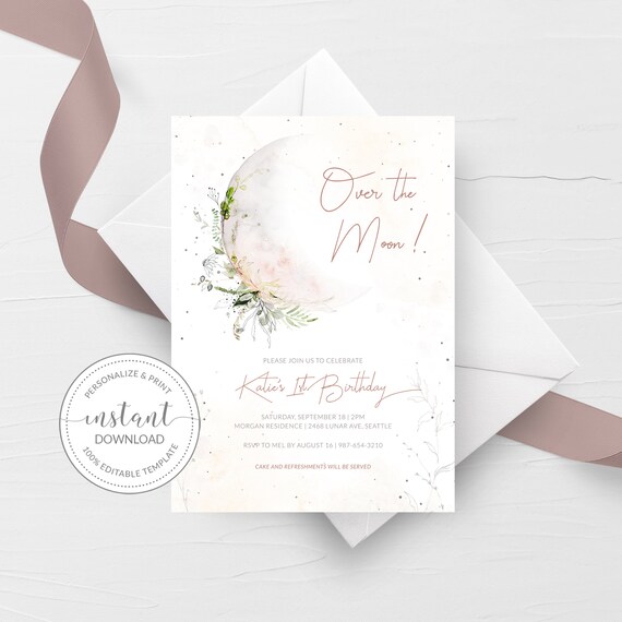 Over the Moon Birthday Party Invitation Template Boho - Etsy