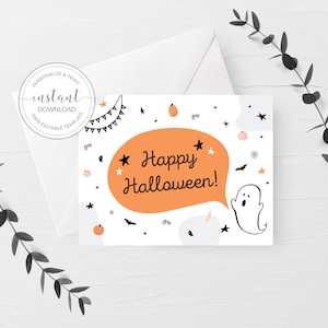 Tarjeta de Halloween imprimible, plantilla de tarjeta de felicitación de feliz Halloween, tarjeta fantasma linda, tarjetas de Halloween editables, DESCARGA DIGITAL - Tamaño A2