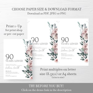 May include: Printable 90th birthday invitation template featuring a floral design in shades of pink and green. The text reads "90 Years Loved" and includes the name "Selena Smith" and the date "08.24.21".