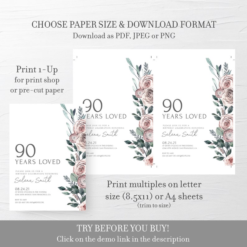 May include: Printable 90th birthday invitation template featuring a floral design in shades of pink and green. The text reads "90 Years Loved" and includes the name "Selena Smith" and the date "08.24.21".