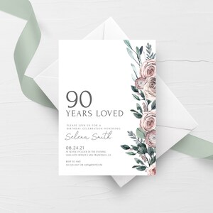 May include: A white invitation card featuring a floral design in shades of pink and green. The text on the card reads "90 Years Loved" and includes details for a birthday celebration in honour of Selena Smith. The date of the event is 08.24.21, and the time is 7:00 PM. The location is 12345 10th Avenue, San Francisco, CA. The RSVP information is provided, including the contact number 555-123-4567 and email address AMY@RSVPCOM.