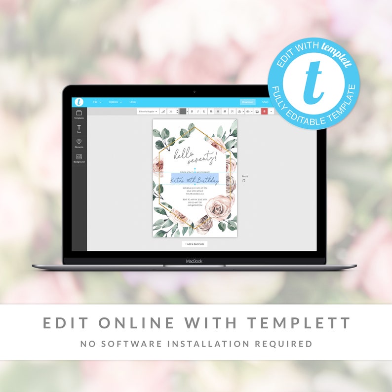 Puede incluir: Plantilla editable para una invitaci&oacute;n de cumplea&ntilde;os n&uacute;mero 70. La invitaci&oacute;n presenta un marco hexagonal dorado con ilustraciones florales de acuarela de rosas y vegetaci&oacute;n. El texto "hello seventy!" y "Katie's 70th Birthday" se muestra en una fuente azul y blanca.