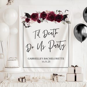 Til Death Do Us Party Gothic Halloween Bachelorette Banner with Bats and Florals Spooky Hen Party Decoration Bride to Be Party Sign - H100