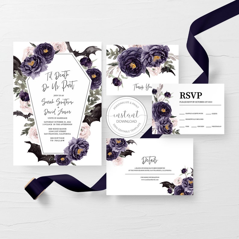 May include: A set of printable wedding invitations with a gothic theme. The invitations feature a black coffin with bats and purple and white flowers. The text on the invitation reads "Til Death Do Us Part".