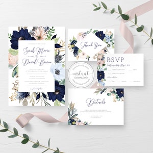 Wedding Invitation Blush and Navy, Blush and Navy Wedding Invitation Template, Navy Pink Wedding Invitation Suite, INSTANT DOWNLOAD - MB100