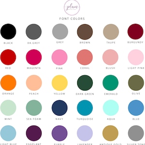 May include: A chart of 24 different color swatches, each with a label underneath. The colors include black, dark grey, grey, brown, taupe, burgundy, red, magenta, pink, coral, blush, light pink, orange, peach, yellow, dark green, emerald, olive, mint, sea foam, navy, turquoise, aqua, blue, light blue, eggplant, purple, lavender, antique gold, and silver tone.