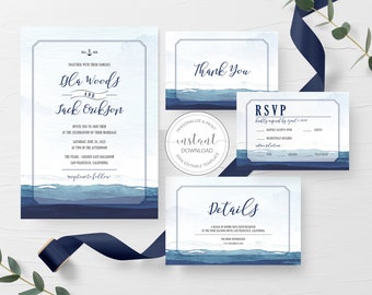 Nautical Wedding Invitation Template, Printable Nautical Wedding Invites, Anchor Wedding Invite Set, INSTANT DOWNLOAD - MB500