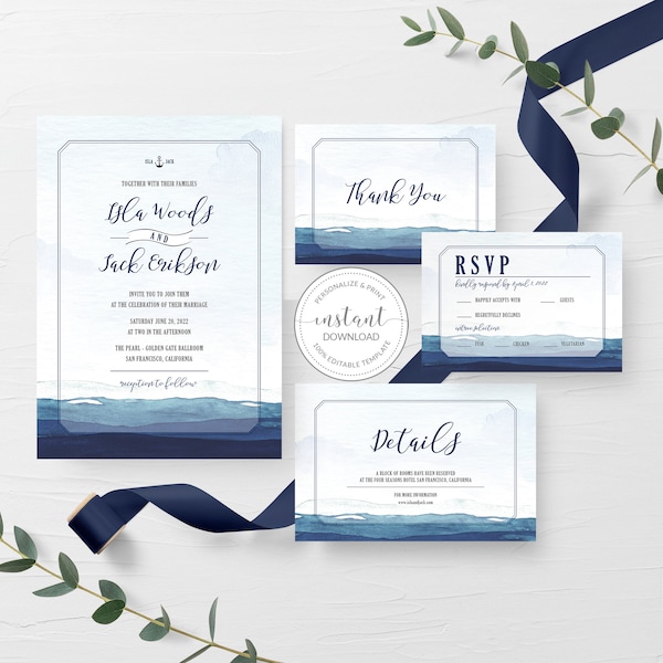 Nautical Wedding Invitation Template, Printable Nautical Wedding Invites, Anchor Wedding Invite Set, INSTANT DOWNLOAD - MB500