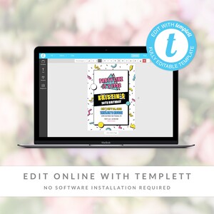 May include: A digital template for a 90s themed birthday party invitation. The invitation features a pink, blue, and yellow color scheme with geometric shapes and the text "Party Like It's 1992" and "Kristine's 30th Birthday".