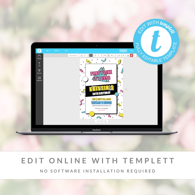 May include: A digital template for a 90s themed birthday party invitation. The invitation features a pink, blue, and yellow color scheme with geometric shapes and the text "Party Like It's 1992" and "Kristine's 30th Birthday".