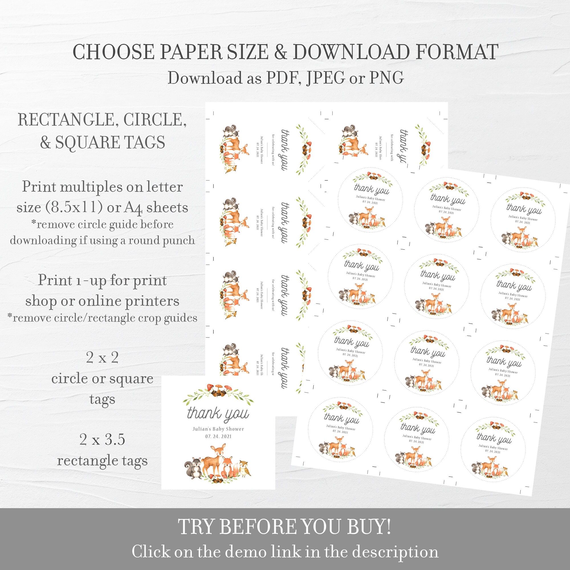 printable woodland animal favor tags template woodland theme etsy