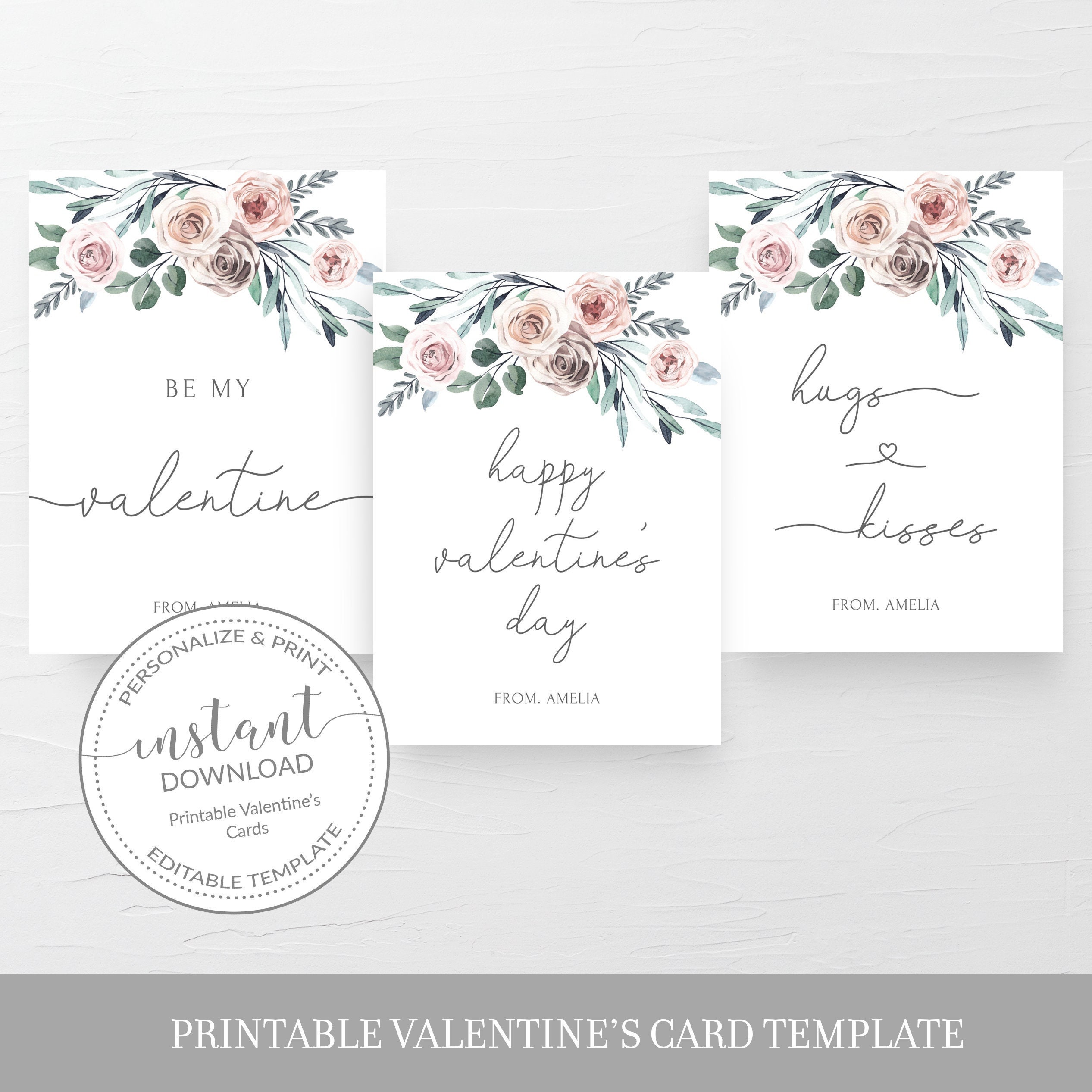 Printable Valentine Cards For Kids, Boho Rose Valentine Day Card Printable Template, Personalized Valentines, DIGITAL DOWNLOAD BR100