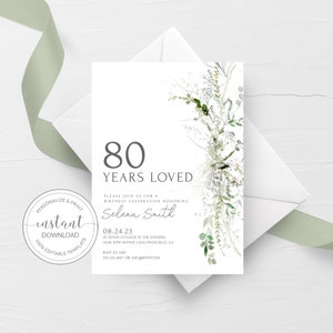 80e anniversaire Invitations modèle, imprimable 80e anniversaire Party Invitation, Boho verdure 80e anniversaire inviter, téléchargement immédiat GM200