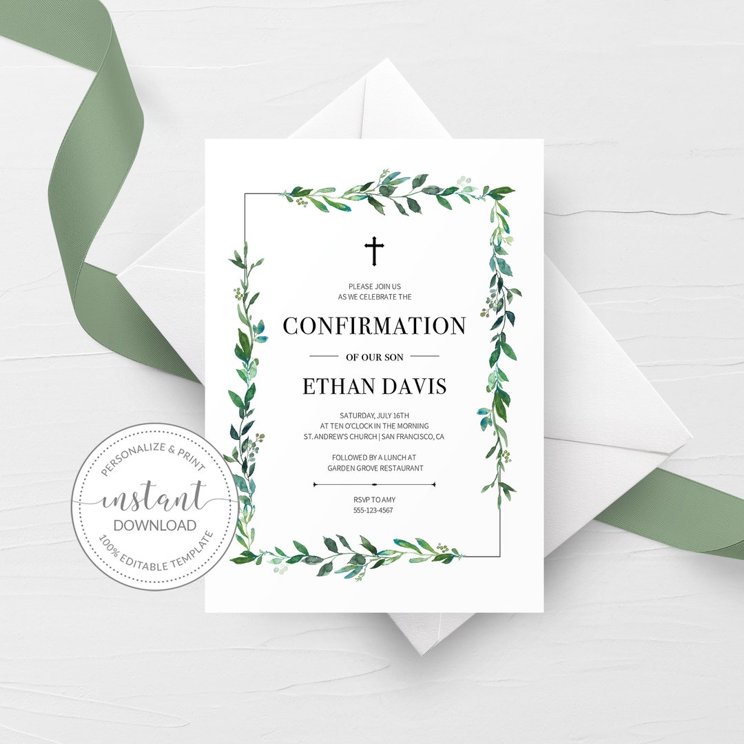 Greenery Confirmation Invitation Template, Printable Confirmation