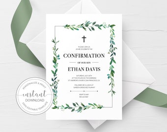 Greenery Confirmation Invitation Template, Printable Confirmation Invite, Boy Confirmation, Religious Invitation, DIGITAL DOWNLOAD G100