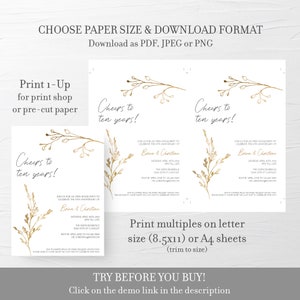 May include: Printable invitation template for a 10th anniversary party. The design features gold calligraphy with the text "Cheers to ten years!" and a gold floral illustration. The invitation includes the names "Brian & Christina" and details for the party, including the date, time, location, and RSVP information.
