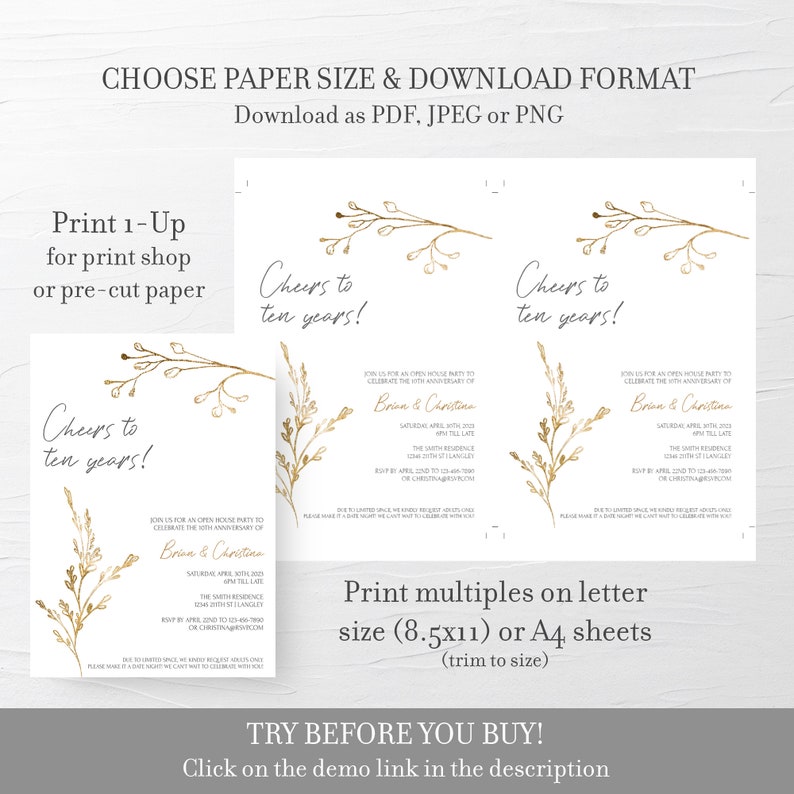 May include: Printable invitation template for a 10th anniversary party. The design features gold calligraphy with the text "Cheers to ten years!" and a gold floral illustration. The invitation includes the names "Brian & Christina" and details for the party, including the date, time, location, and RSVP information.