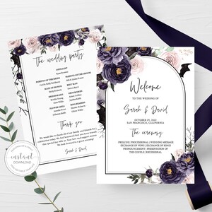 Halloween Wedding Program Template, Gothic Wedding Programs, Editable Wedding Program, Ceremony Program Printable, 5x7 INSTANT DOWNLOAD H100