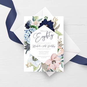 80th Birthday Invitation For Women, Printable 80th Birthday Party Invitation, Navy Blush Floral 80th Birthday Invite, INSTANT DOWNLOAD MB100 image 8