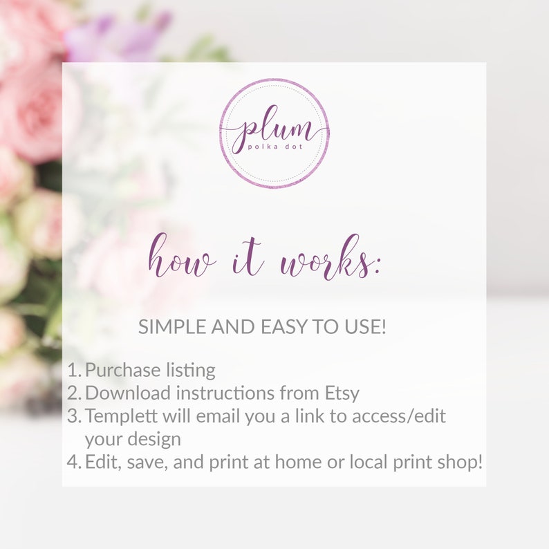 Pu&ograve; includere: Un cartoncino bianco con testo viola che spiega come utilizzare un modello digitale. Il testo recita "how it works: SIMPLE AND EASY TO USE! 1. Purchase listing 2. Download instructions from Etsy 3. Templett will email you a link to access/edit your design 4. Edit, save, and print at home or local print shop!" Un logo viola con il testo "plum polka dot" si trova nell'angolo in alto a destra.