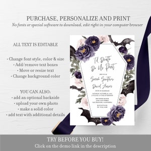 May include: A printable wedding invitation with a gothic theme. The invitation features a black coffin with bats and flowers in shades of purple and pink. The text reads "Til Death Do Us Part" and includes the couple's names, wedding date, and location.