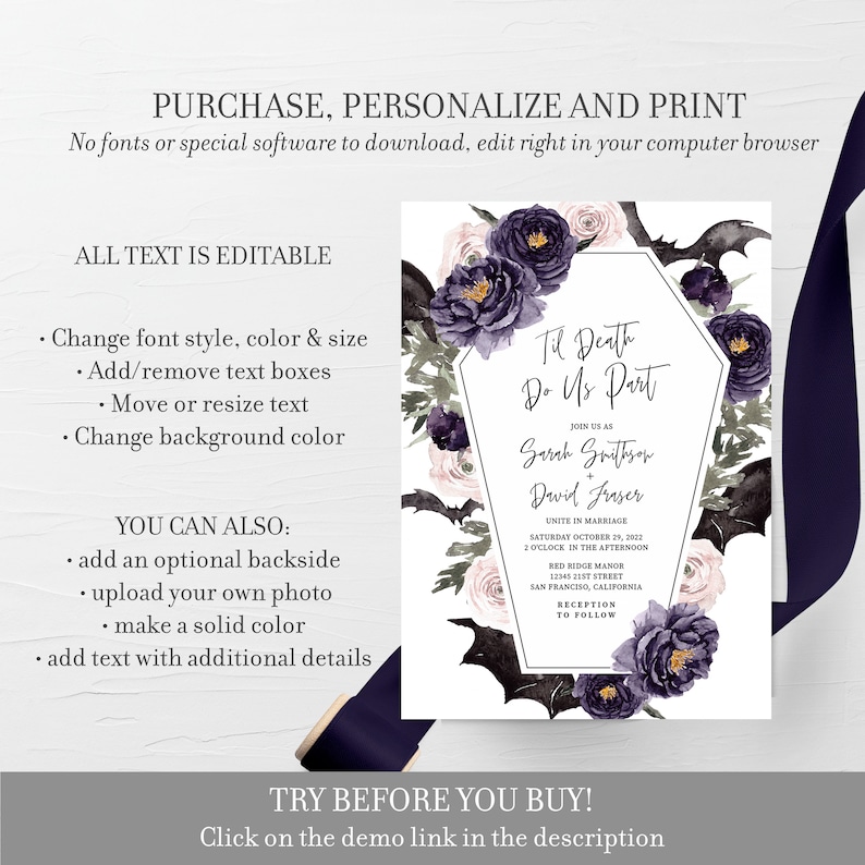 May include: A printable wedding invitation with a gothic theme. The invitation features a black coffin with bats and flowers in shades of purple and pink. The text reads "Til Death Do Us Part" and includes the couple's names, wedding date, and location.