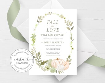 Modello di invito per baby shower autunnale, invito per baby shower innamorato, invito stampabile per baby shower autunnale con zucca DOWNLOAD immediato PG100