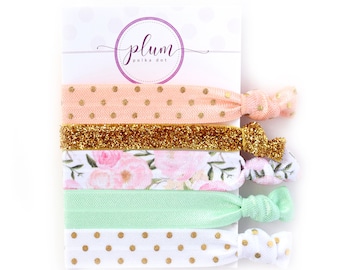 Pastel Floral Hair Tie Bracelet, Stocking Stuffers for Women and Girls, No Crease Hair Tie, Pony Tail Holder, Hair Elastics, Set of 5