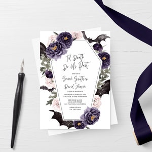 May include: A wedding invitation with a gothic theme. The invitation features a black coffin with bats and flowers in shades of purple and pink. The text reads "Til Death Do Us Part" and includes the names of the couple, the date and time of the wedding, and the location.