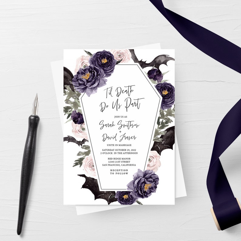 May include: A wedding invitation with a gothic theme. The invitation features a black coffin with bats and flowers in shades of purple and pink. The text reads "Til Death Do Us Part" and includes the names of the couple, the date and time of the wedding, and the location.