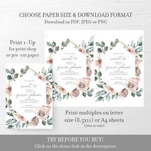 Pu&ograve; includere: Invito stampabile per una festa di compleanno di 16 anni. L'invito presenta un design ad acquerello con rose rosa, foglie verdi e una cornice esagonale dorata. Il testo sull'invito recita "Si prega di unirsi a noi per una celebrazione di 16 anni in onore di grace johnson".