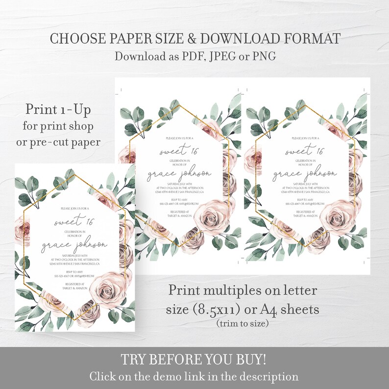Pu&ograve; includere: Invito stampabile per una festa di compleanno di 16 anni. L'invito presenta un design ad acquerello con rose rosa, foglie verdi e una cornice esagonale dorata. Il testo sull'invito recita "Si prega di unirsi a noi per una celebrazione di 16 anni in onore di grace johnson".