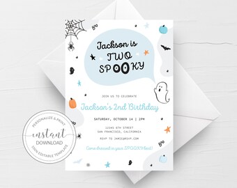 Halloween 2nd Birthday Invitation Boy Template, Cute Ghost Two Spooky, Printable Pastel Halloween Birthday Invite, INSTANT DOWNLOAD CH100