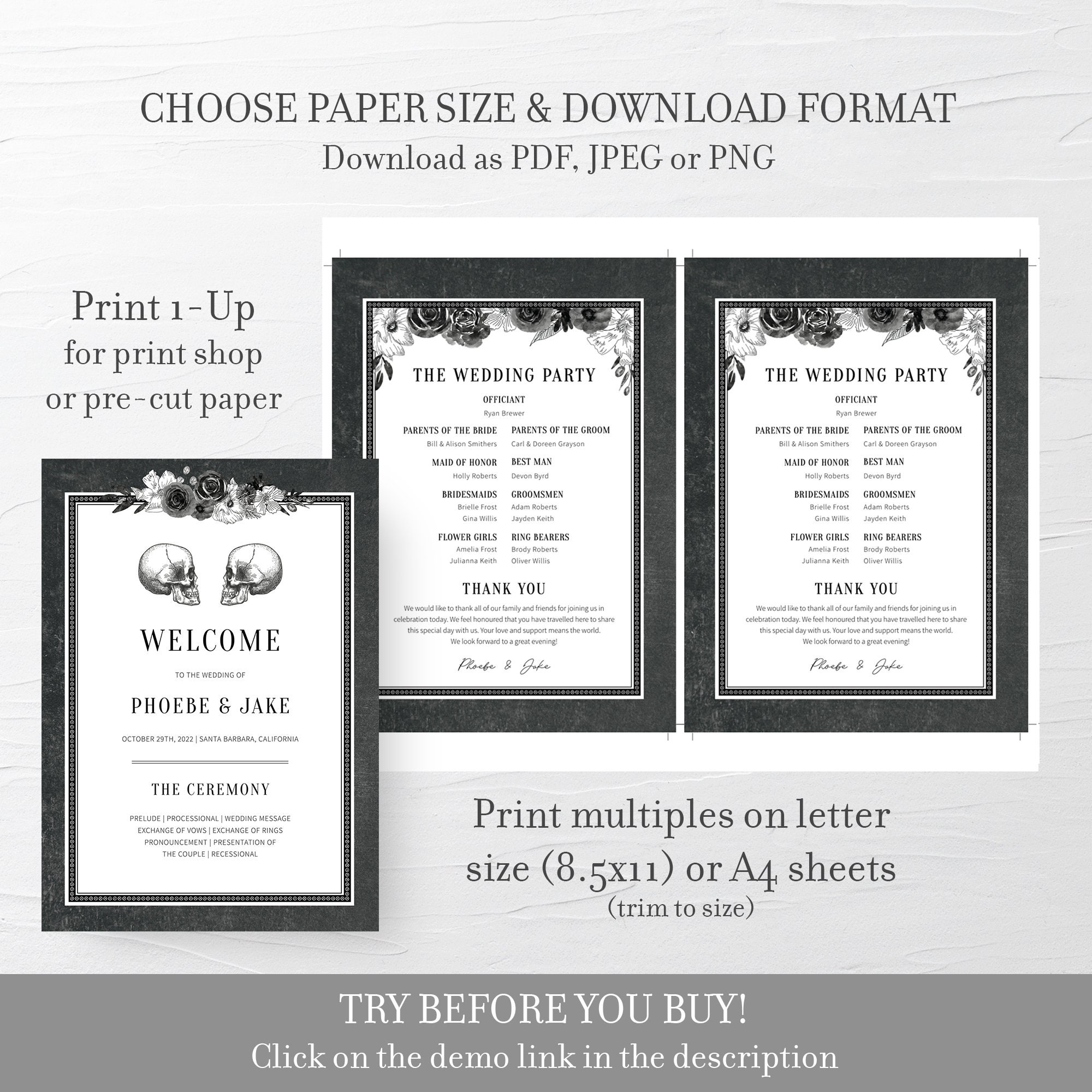 Gothic Wedding Program Printable, Halloween Wedding Program Template ...