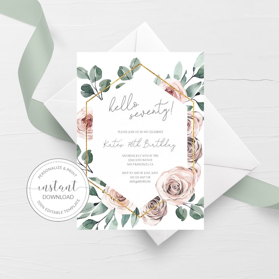 70th Birthday Invitation For Women, Printable 70th Birthday Party Invitation, Boho Rose 70th Birthday Invite, INSTANT DOWNLOAD BR100