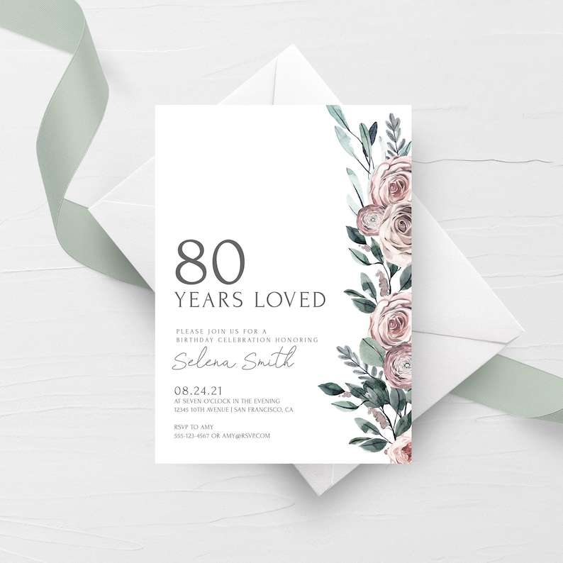 80th Birthday Invite Template, Boho Rose 80th Birthday Invitation For Women, 80 Years Loved Birthday Party Printable, INSTANT DOWNLOAD BR100 image 8