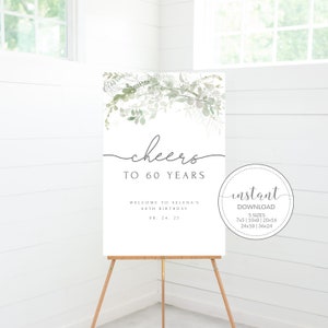 Greenery Birthday Welcome Sign Printable, 60th Birthday Party Sign, 60th Birthday Decorations, Cheers to Sixty Years, INSTANT DOWNLOAD GM200