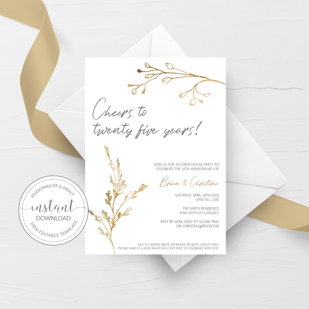 25th Anniversary Invitation Template, Printable 25th Wedding Anniversary Invite, Gold Leaf Cheers to Twenty Five Years, DIGITAL GL100 - Etsy 25th-anniversary-invitation-template-printable-25th-wedding-anniversary-invite-gold-leaf-cheers-to-twenty-five-years-digital-gl100-etsy